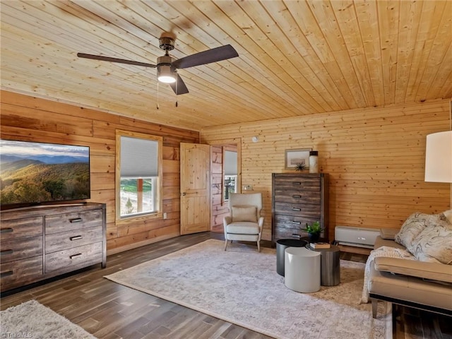 living area featuring wooden walls, dark hardwood / wood-style flooring, ceiling fan, and wood ceiling