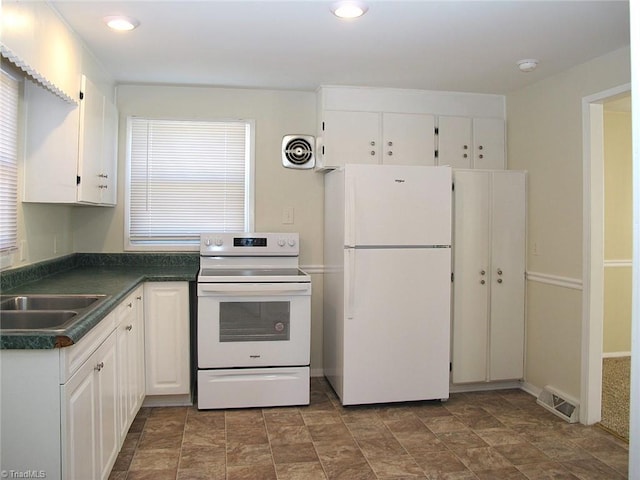 kitchen featuring white cabinetry, white appliances, and sink