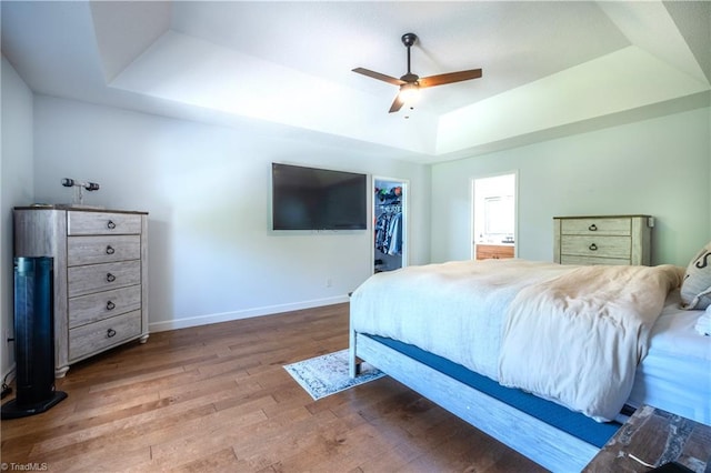 bedroom featuring wood finished floors, a tray ceiling, baseboards, ceiling fan, and a spacious closet