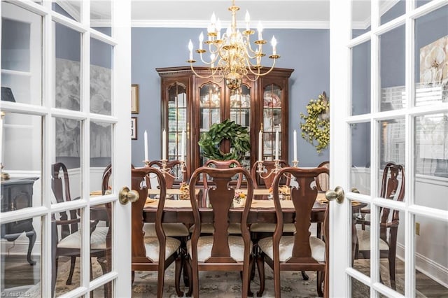 149 Warwicke Pl, Bermuda Run, NC 27006 - dining area with a chandelier, crown molding, and french doors