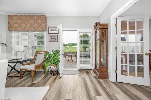 149 Warwicke Pl, Bermuda Run, NC 27006 - doorway to outside featuring crown molding and wood finished floors