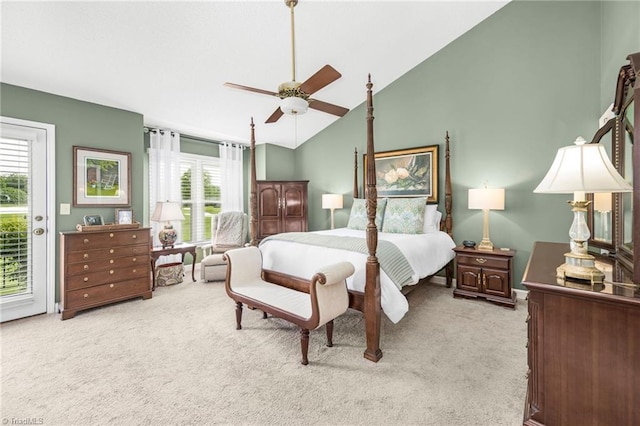 149 Warwicke Pl, Bermuda Run, NC 27006 - carpeted bedroom featuring multiple windows, access to outside, ceiling fan, and high vaulted ceiling