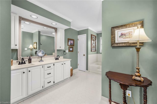 149 Warwicke Pl, Bermuda Run, NC 27006 - full bath featuring crown molding, a garden tub, recessed lighting, double vanity, and tile patterned flooring