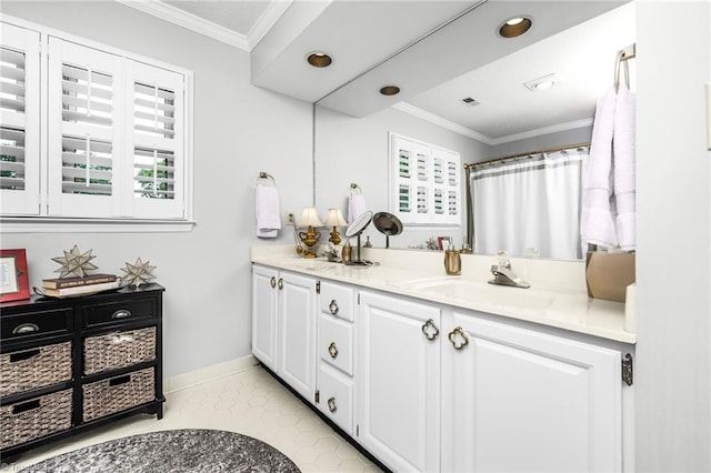 149 Warwicke Pl, Bermuda Run, NC 27006 - full bathroom with plenty of natural light, double vanity, crown molding, recessed lighting, and baseboards