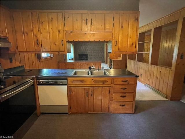 1706 Windsor Dr, High Point, NC 27262 - kitchen with stainless steel range with electric stovetop, a sink, dishwashing machine, range hood, and wooden walls