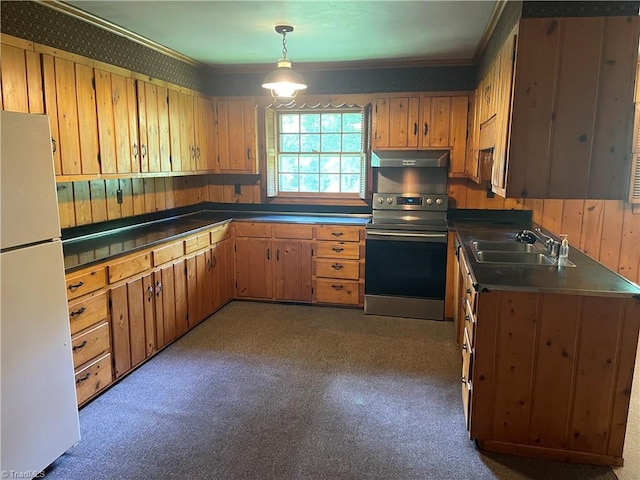 1706 Windsor Dr, High Point, NC 27262 - kitchen with stainless steel electric range, freestanding refrigerator, under cabinet range hood, a sink, and ornamental molding