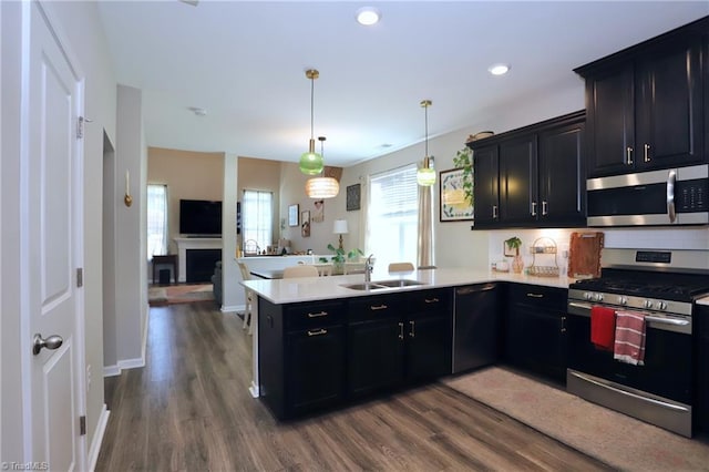 547 Historic Dr, Hillsborough, NC 27278 - kitchen with dark cabinets, a peninsula, appliances with stainless steel finishes, and a sink