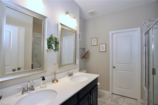 547 Historic Dr, Hillsborough, NC 27278 - full bath with marble finish floor, a sink, a shower stall, and double vanity