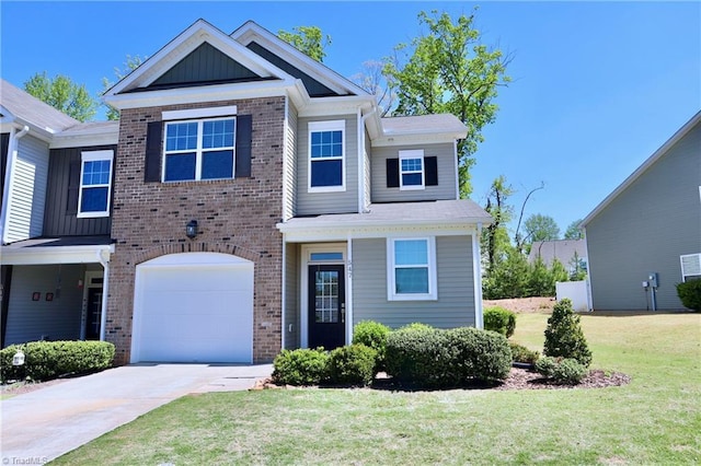 547 Historic Dr, Hillsborough, NC 27278 - view of front facade with concrete driveway, board and batten siding, brick siding, a front yard, and a garage