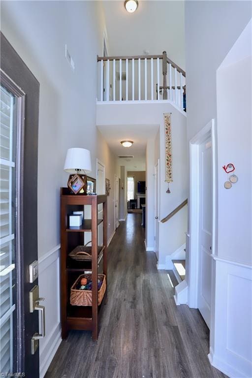 547 Historic Dr, Hillsborough, NC 27278 - foyer entrance with stairway, dark wood finished floors, and a high ceiling