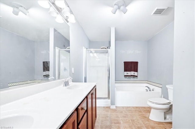 full bathroom featuring vanity, plus walk in shower, and toilet