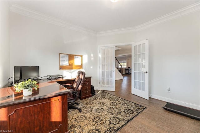 7722 NW Meadows Dr, Stokesdale, NC 27357 - home office featuring french doors, ornamental molding, and wood finished floors