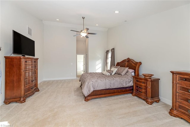 7722 NW Meadows Dr, Stokesdale, NC 27357 - bedroom with light carpet, recessed lighting, a ceiling fan, and high vaulted ceiling