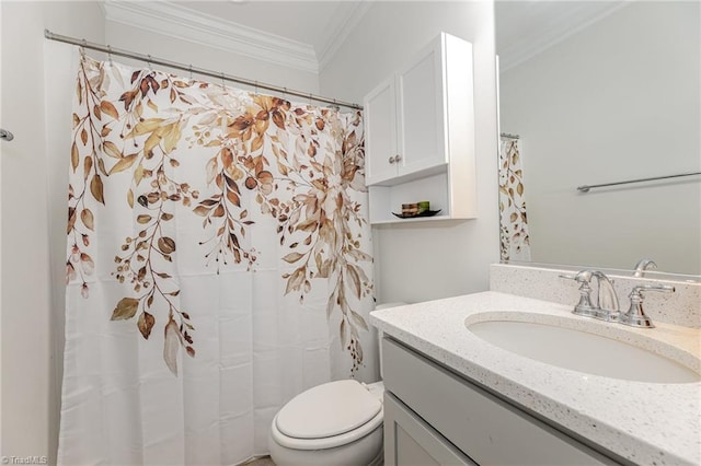 7722 NW Meadows Dr, Stokesdale, NC 27357 - full bathroom with vanity, ornamental molding, and curtained shower