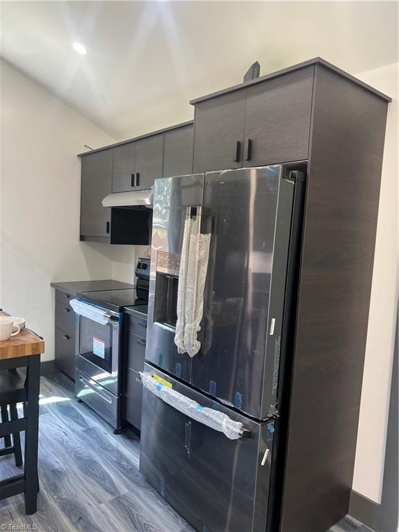 2042 Harrison Ave, Winston-Salem, NC 27105 - kitchen featuring stainless steel range with electric cooktop, refrigerator with ice dispenser, under cabinet range hood, gray cabinets, and wood finished floors