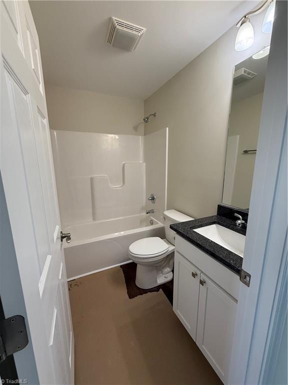 full bathroom with toilet, washtub / shower combination, vanity, and visible vents