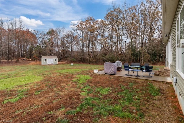 view of yard featuring a patio area and a storage shed