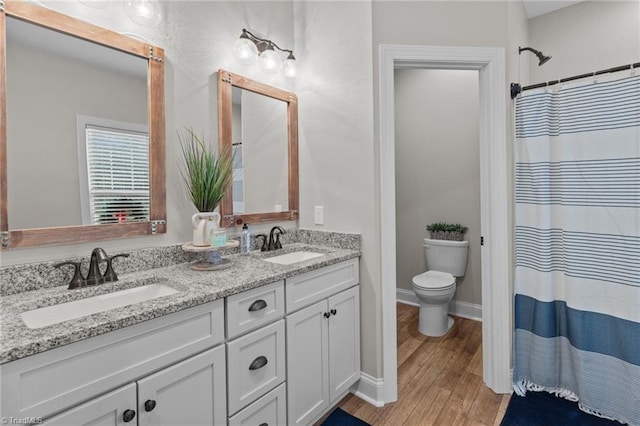 bathroom with hardwood / wood-style flooring, vanity, toilet, and walk in shower