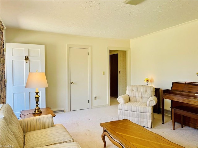 living room with carpet floors and a textured ceiling