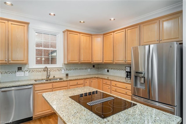 kitchen featuring tasteful backsplash, sink, light stone counters, stainless steel appliances, and crown molding