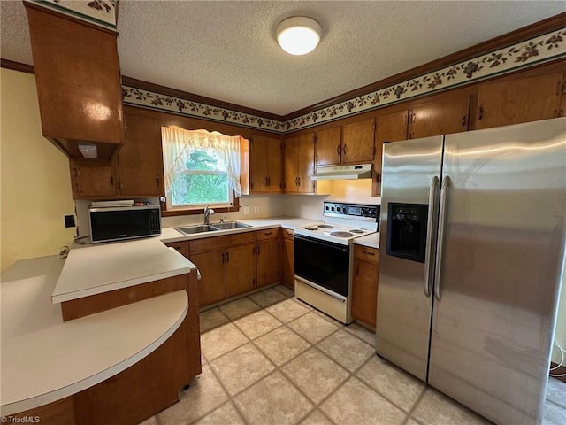 5912 US Highway 21, Jonesville, NC 28642 - kitchen featuring stainless steel refrigerator with ice dispenser, white range with electric cooktop, a sink, a textured ceiling, and black microwave