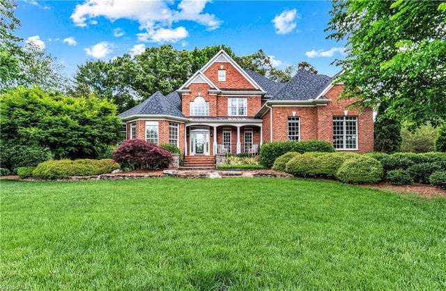 view of front of house featuring brick siding and a front lawn
