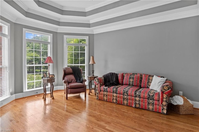 sitting room featuring ornamental molding, wood finished floors, a tray ceiling, and baseboards