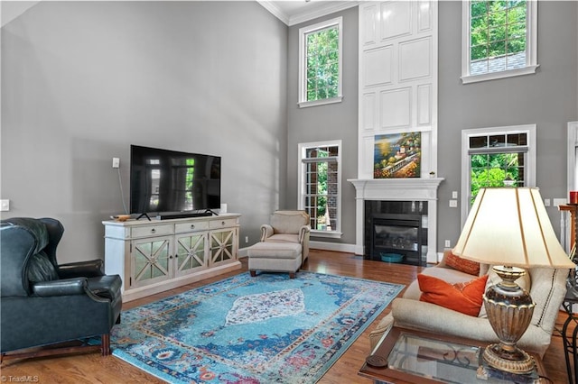 living room with a high ceiling, crown molding, a tile fireplace, wood finished floors, and baseboards