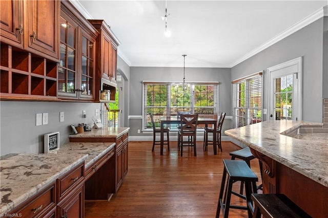 kitchen featuring dark wood-style flooring, a kitchen breakfast bar, pendant lighting, glass insert cabinets, and light stone counters