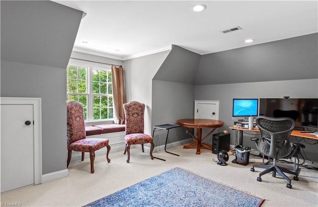 carpeted home office with baseboards, ornamental molding, and recessed lighting