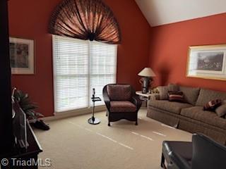 105 Finborough Ct, Kernersville, NC 27284 - living room featuring vaulted ceiling and carpet flooring