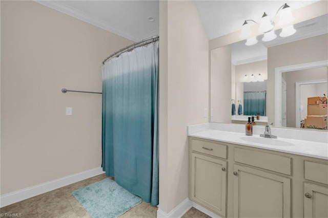 bathroom with tile patterned flooring, vanity, and ornamental molding