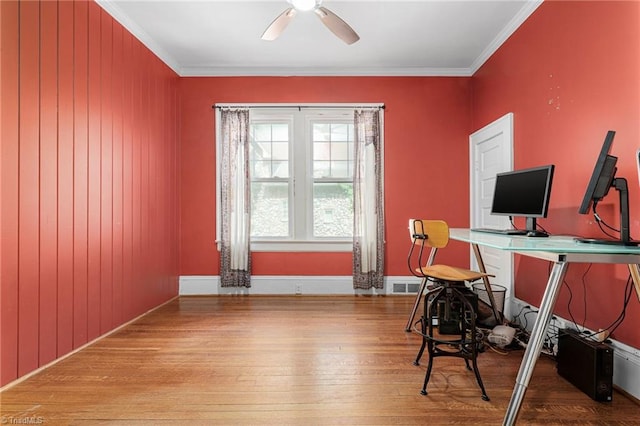 3054 Country Club Rd, Winston-Salem, NC 27104 - office area featuring hardwood / wood-style floors, a ceiling fan, ornamental molding, and baseboards