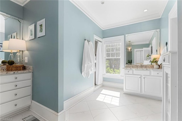 3054 Country Club Rd, Winston-Salem, NC 27104 - bathroom featuring marble finish floors, ornamental molding, baseboards, and vanity