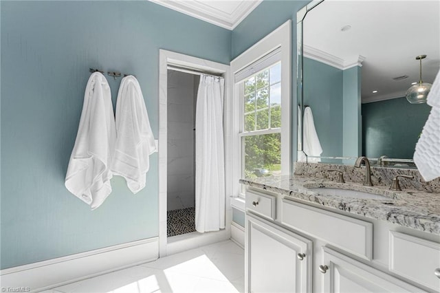3054 Country Club Rd, Winston-Salem, NC 27104 - full bath featuring crown molding, tiled shower, and vanity
