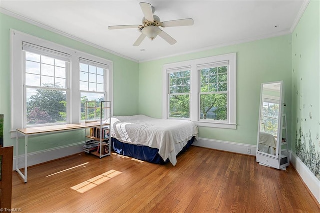 3054 Country Club Rd, Winston-Salem, NC 27104 - bedroom featuring hardwood / wood-style flooring, multiple windows, crown molding, baseboards, and a ceiling fan