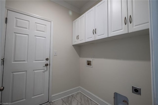 laundry area featuring washer hookup, marble finish floor, cabinet space, electric dryer hookup, and baseboards