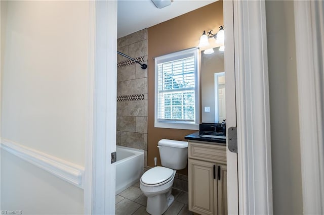 full bathroom featuring shower / bath combination, vanity, toilet, and tile patterned floors