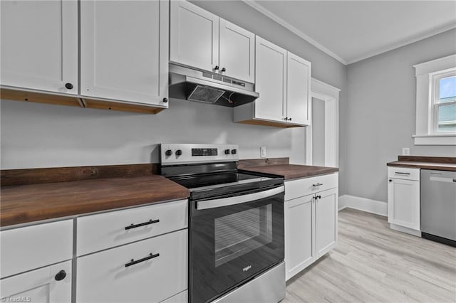 kitchen with butcher block counters, white cabinetry, and appliances with stainless steel finishes