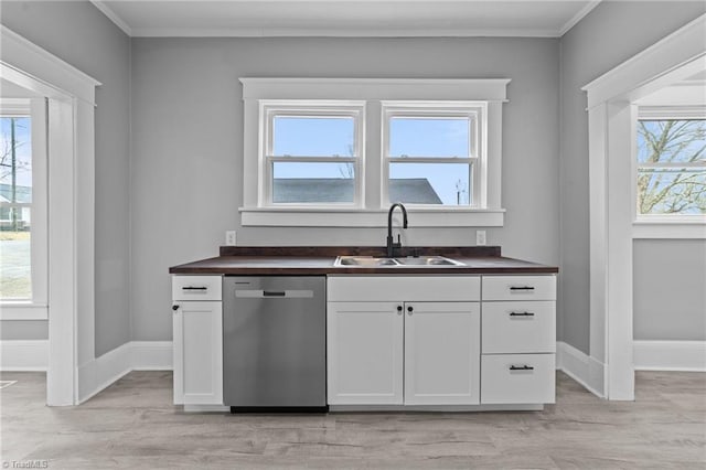 kitchen featuring white cabinetry, a healthy amount of sunlight, dishwasher, and sink