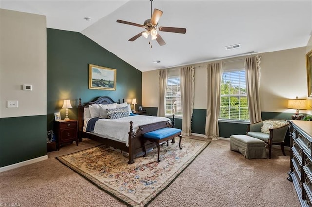 carpeted bedroom featuring baseboards, visible vents, ceiling fan, and lofted ceiling