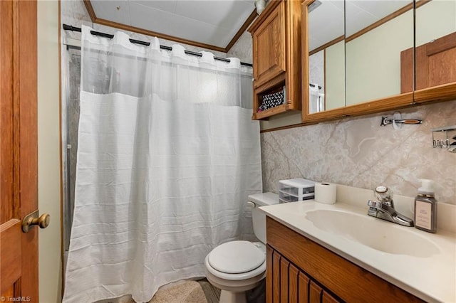 356 Davie Academy Rd, Mocksville, NC 27028 - full bathroom featuring toilet, ornamental molding, vanity, decorative backsplash, and a shower with shower curtain