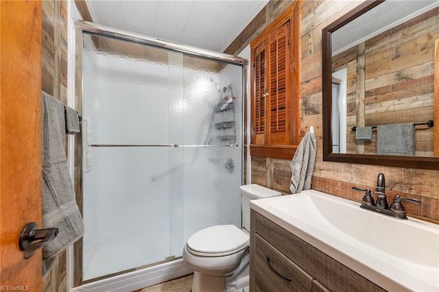 356 Davie Academy Rd, Mocksville, NC 27028 - full bath featuring toilet, a stall shower, vanity, and wood walls