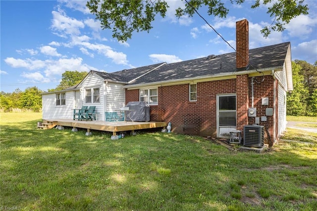 356 Davie Academy Rd, Mocksville, NC 27028 - back of house featuring a chimney, a deck, brick siding, cooling unit, and a lawn