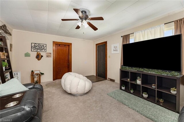 356 Davie Academy Rd, Mocksville, NC 27028 - carpeted living area featuring ceiling fan and ornamental molding