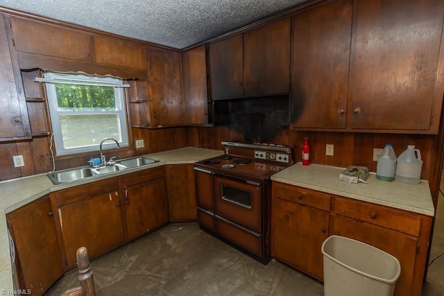 4984 US Highway 220, Asheboro, NC 27205 - kitchen with range with electric stovetop, a sink, light countertops, a textured ceiling, and wooden walls