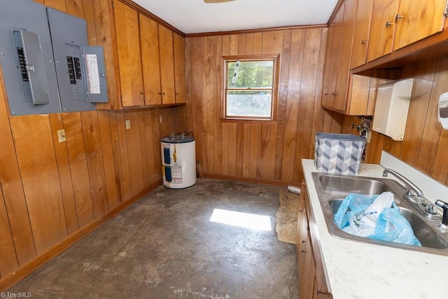 4984 US Highway 220, Asheboro, NC 27205 - kitchen with water heater, brown cabinetry, wooden walls, a sink, and light countertops