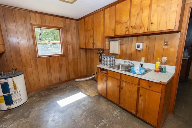 4984 US Highway 220, Asheboro, NC 27205 - kitchen with water heater, light countertops, brown cabinetry, wood walls, and a sink