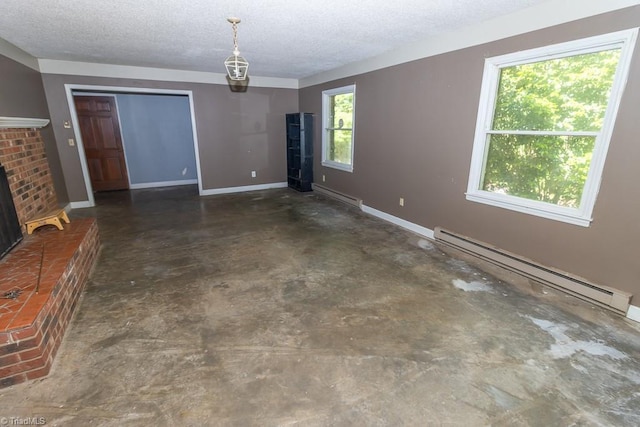 4984 US Highway 220, Asheboro, NC 27205 - unfurnished living room featuring a baseboard heating unit, a textured ceiling, concrete flooring, baseboards, and a fireplace