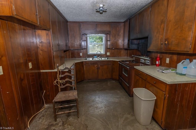 4984 US Highway 220, Asheboro, NC 27205 - kitchen featuring range with two ovens, a sink, light countertops, wooden walls, and a textured ceiling